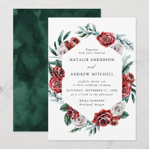 Aquarell Rot & Weiße Rosen Florales Rahmen Hochzei Einladung