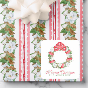 Aquarell-Rotband-Magnolie-Weihnachtskranz Quadratischer Aufkleber