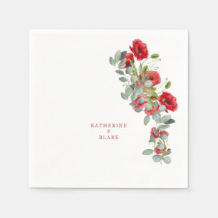 Aquarell Rote Blumen & Eukalyptus Namen Hochzeit  Serviette