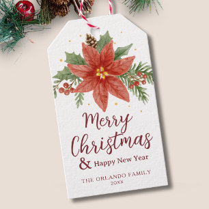 Aquarell Rote grüne Poinsettia Frohe Weihnachten Geschenkanhänger