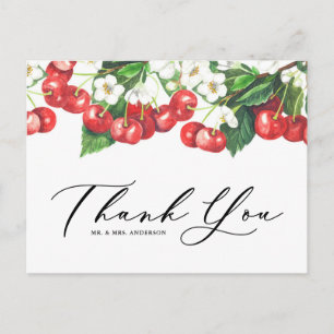 Aquarell Rote Kirschen und Blüten Danke Postkarte
