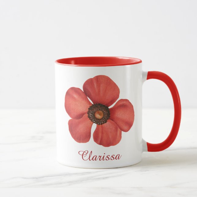 Aquarell Rote Mohn-Anemone-Blumen-Monogramm-Name Tasse (Rechts)