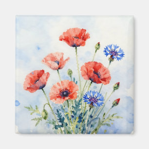 Aquarell-Rote-Mohn-Blauer-Kornblumen-Strauß Magnet