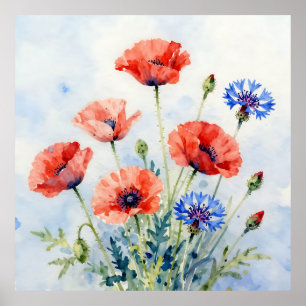 Aquarell-Rote-Mohn-Blauer-Kornblumen-Strauß Poster