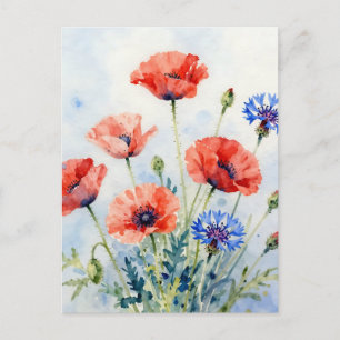 Aquarell-Rote-Mohn-Blauer-Kornblumen-Strauß Postkarte