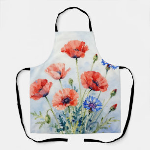 Aquarell-Rote-Mohn-Blauer-Kornblumen-Strauß Schürze