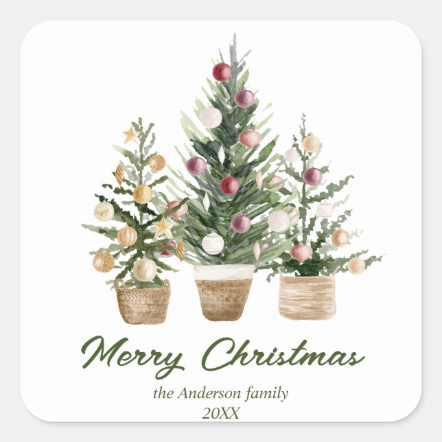 Aquarell Rote Ornamente Bäume Frohe Weihnachten Quadratischer Aufkleber (Vorderseite)