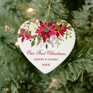 Aquarell Rote Poinsettia Florenz Erstes Weihnachts Keramik Ornament