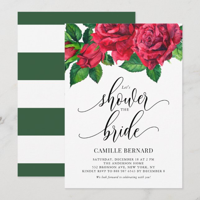 Aquarell Rote Rose Dusche des Bridge-Brautparty Einladung (Vorne/Hinten)