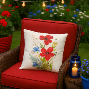 Aquarell rote und blaue Blumen auf Weiß Kissen