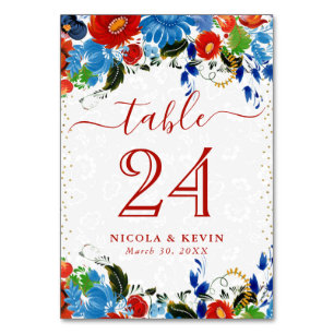 Aquarell rote und blaue Blumen Hochzeit Tischnummer