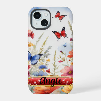 Aquarell Rote und Blaue Schmetterlinge und Blüten iPhone 15 Hülle