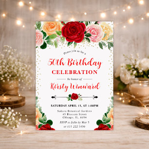 Aquarell Rote und Gelbe Rosen 50. Geburtstag Einladung