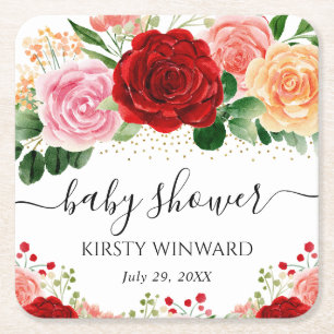Aquarell Rote und Gelbe Rosen Babyparty Rechteckiger Pappuntersetzer