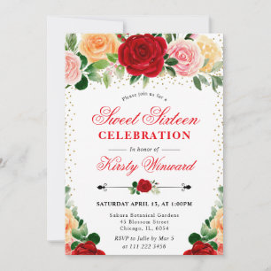 Aquarell Rote und Gelbe Rosen Blumen Sweet 16 Einladung