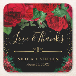 Aquarell Rote und Goldene Glamour-Rosen Hochzeit Rechteckiger Pappuntersetzer