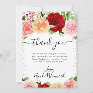 Aquarell Rote und Orange Rosen Blumen Sweet 16 Dankeskarte