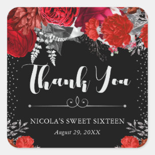 Aquarell Rote und Silberne Blumen Sweet 16 Quadratischer Aufkleber