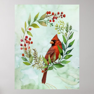 Aquarell Roter Kardinalvogel Kranz Weihnachten Poster