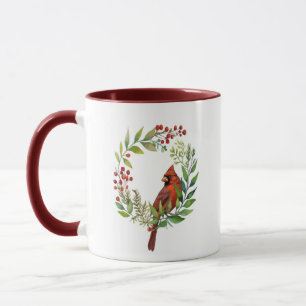 Aquarell Roter Kardinalvogel Kranz Weihnachten Tasse
