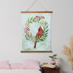 Aquarell Roter Kardinalvogel Kranz Weihnachten Wandteppich Mit Holzrahmen