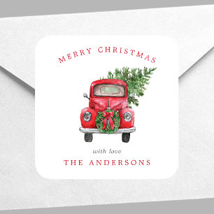 Aquarell-Roter-LKW-Kranz-Weihnachten Quadratischer Aufkleber