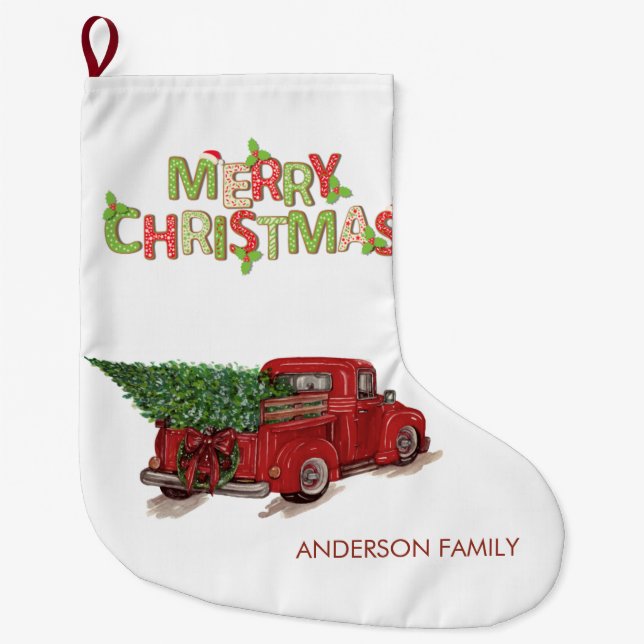 Aquarell Roter LKW Pine Tree Frohe Weihnachten Großer Weihnachtsstrumpf (Vorderseite)