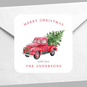 Aquarell-Roter-LKW-Retro-Weihnachten Quadratischer Aufkleber