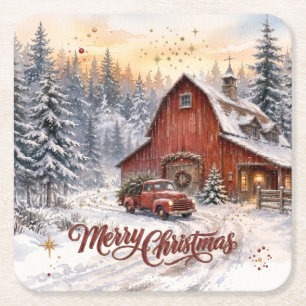 Aquarell Roter Scheunen-Weihnachten Rechteckiger Pappuntersetzer