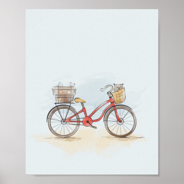 Aquarell Rotes Fahrrad und Katze Poster (Vorne)