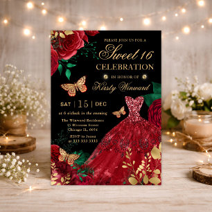 Aquarell-Rotes Glitter-Kleid & Rosen Sweet Sixteen Einladung