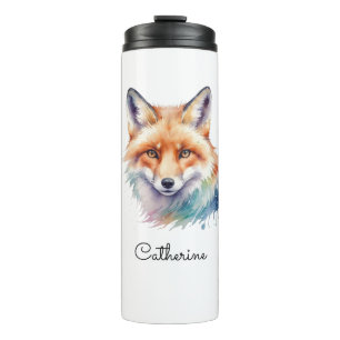 Aquarell Rotfuchs-Porträt mit individuellem Namen Thermosbecher