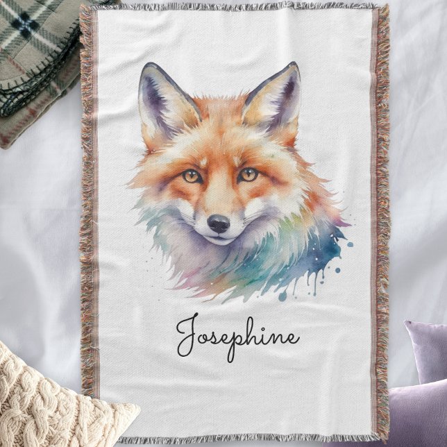 Aquarell Rotfuchs Whimsical Art Personalisiert   Decke (A personalized, fringed blanket throw, with illustration of a red fox in a watercolor style)