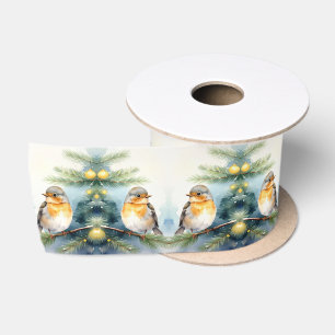 Aquarell-Rotkehlchen auf einem Kiefernzweigband Satinband