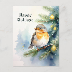 Aquarell-Rotkehlchen auf einer Kiefernzweig-Postka Postkarte