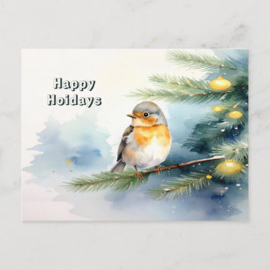 Aquarell-Rotkehlchen auf einer Kiefernzweig-Weihna Postkarte