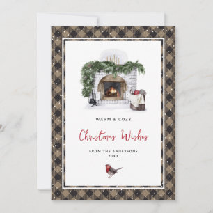 Aquarell-Rotkehlchen-Karo-Schnee-Weihnachtsgrüße Feiertagskarte