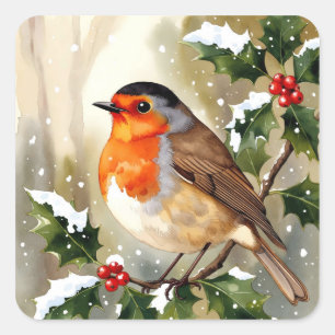 Aquarell-Rotkehlchen-Weihnachtsdesign Quadratischer Aufkleber