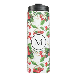 Aquarell-Rotkirsch-Muster-Monogramm Thermosbecher