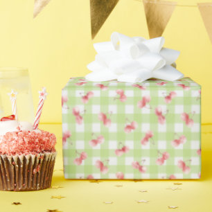 Aquarell Rotkirsche Pastell Limettengrün Gingham Geschenkpapier