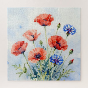 Aquarell-Rotmohn-Blau-Kornblumen-Sträußchen