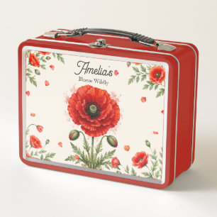 Aquarell-Rotmohn-Blumen-Monogramm-Mädchen-Schule Metall Brotdose