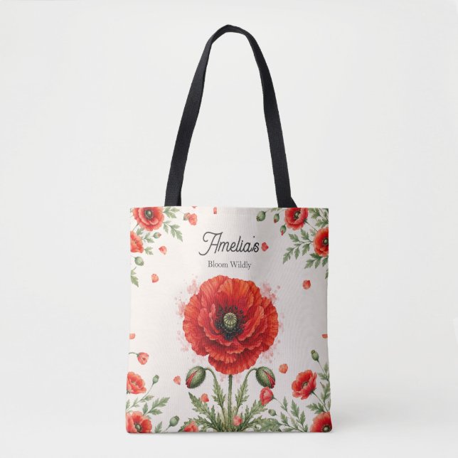 Aquarell-Rotmohn-Blumen-Monogramm Mädchenkunst Tasche (Vorderseite)