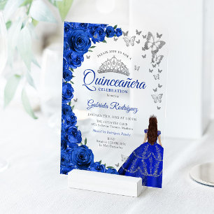 Aquarell Royalblaue Rosen Silber Quinceanera Acryleinladungen
