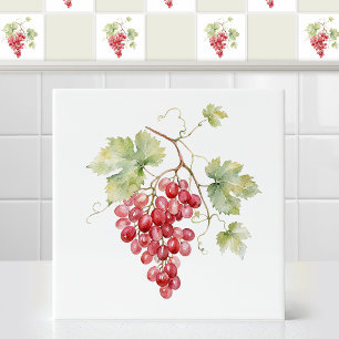Aquarell Rubinrote Champagner-Traubenrebenblätter Fliese