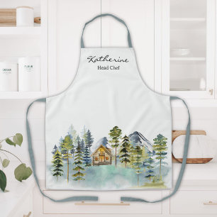 Aquarell Rustik Nebeliger Wald Berghütte Schürze