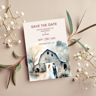 Aquarell-Rustikale-Scheunen-Hochzeit Save The Date