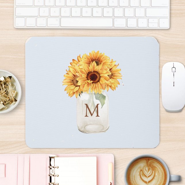 Aquarell Rustikale Sonnenblume Bouquet im Mason Ja Mousepad (In situ)