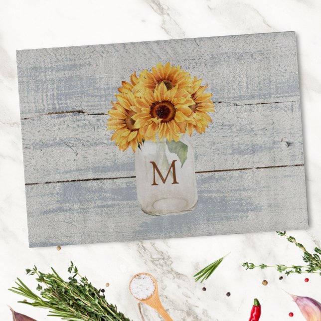 Aquarell Rustikale Sonnenblume Bouquet im Mason Ja Schneidebrett (In situ)