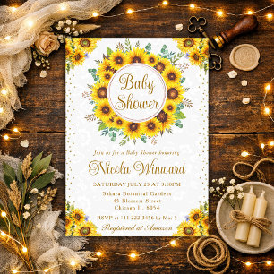 Aquarell Rustikale Sonnenblumen Kranz Babyparty Einladung